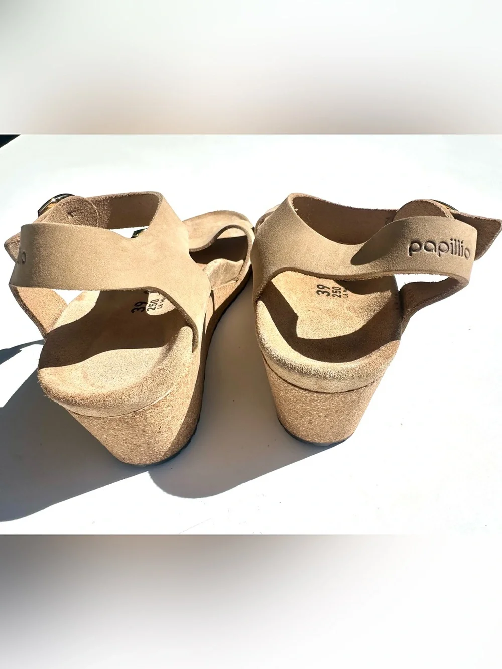 New Birkenstock Papillio Soley Ring Buckle Cork Wedge Sandals Beige 39 8-8.5